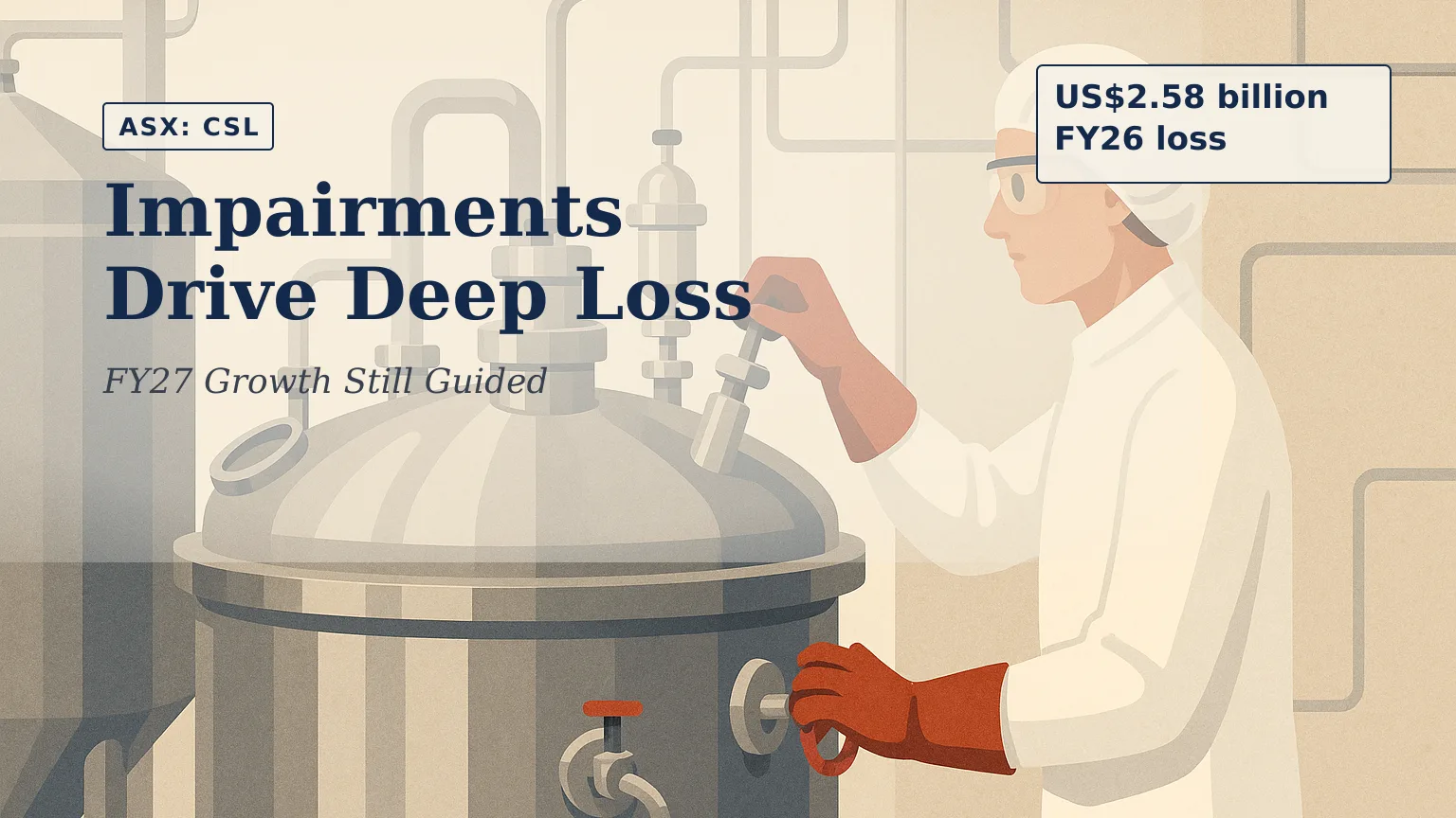 Illustration of a sterile biopharmaceutical manufacturing suite with stainless-steel vessels and a technician inspecting plasma-processing equipment, ren…