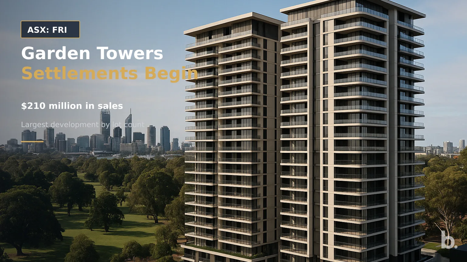 [ASX: FRI] FINBAR GROUP LIMITED a wide elevated view of the completed twin-tower Garden Towers development beside Queens Gardens, with the apartment