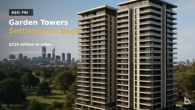 [ASX: FRI] FINBAR GROUP LIMITED a wide elevated view of the completed twin-tower Garden Towers development beside Queens Gardens, with the apartment