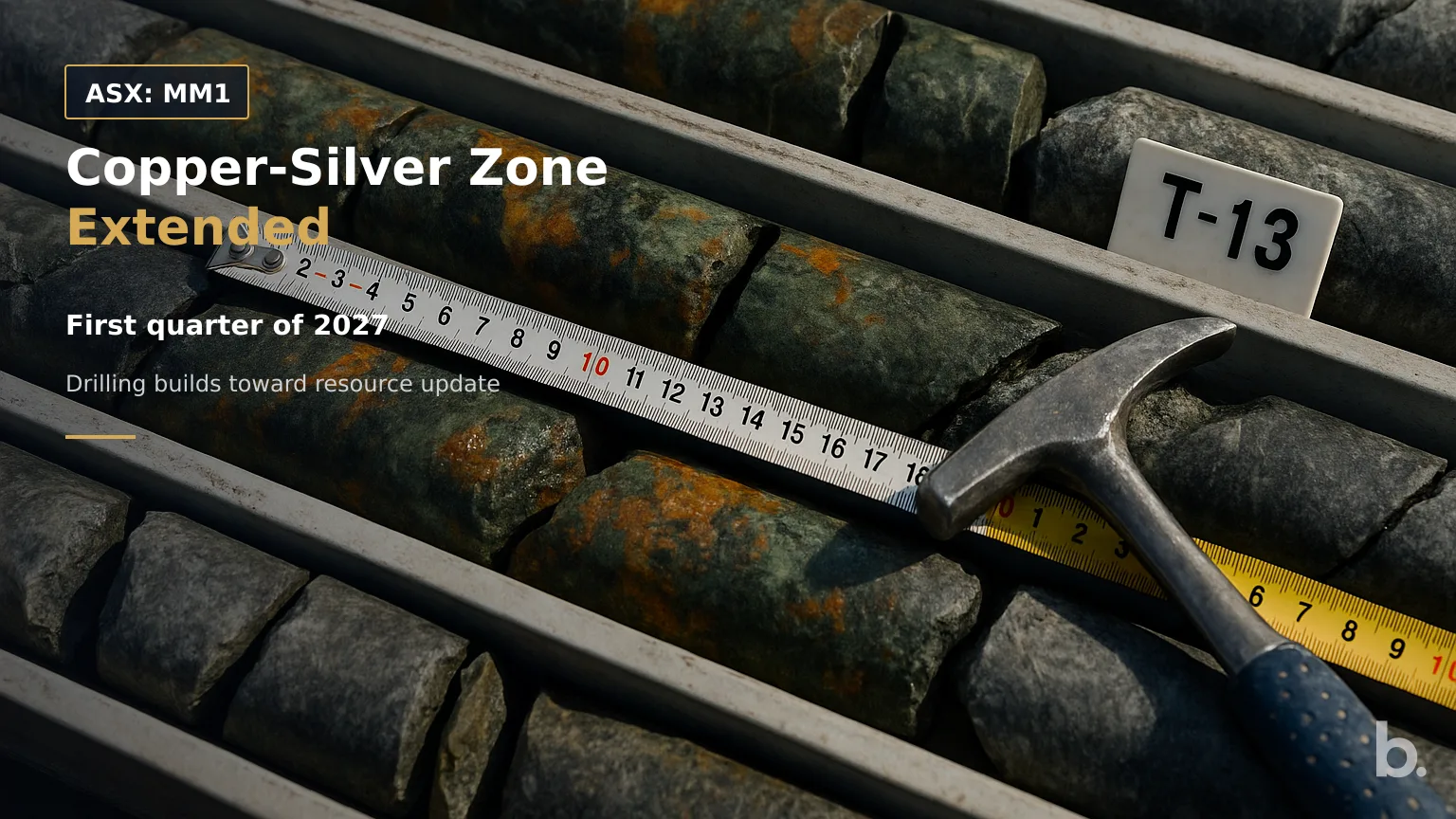 [ASX: MM1] MIDAS MINERALS LTD a close-up of freshly cut diamond drill core arranged in core trays, showing copper-silver mineralised sections alongside