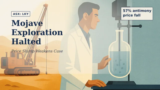 Illustration of a split visual composition showing abandoned desert exploration equipment on one side and a laboratory hydrometallurgical vessel on the o…